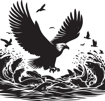 an eagle flying over a river with fish and birds vector