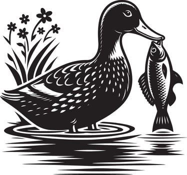 a black and white illustration of a duck with a fish vector