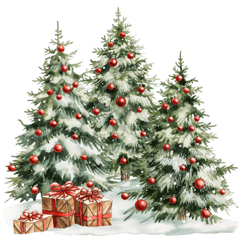 watercolor painting Christmas trees decorated with gift box isolated on transparent background png