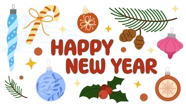 Happy New Year, winter holiday sticker. Festive decoration design with new year season elements, bauble, snowflake, fir branch, cone. Flat illustration isolated on white background vector