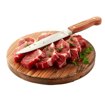 Raw meat slices on a wooden board with a knife isolated on transparent background png