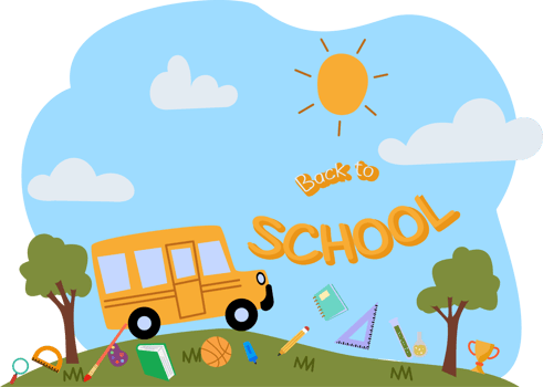 back to school background with illustration of cute cartoon school bus and schools supplies png