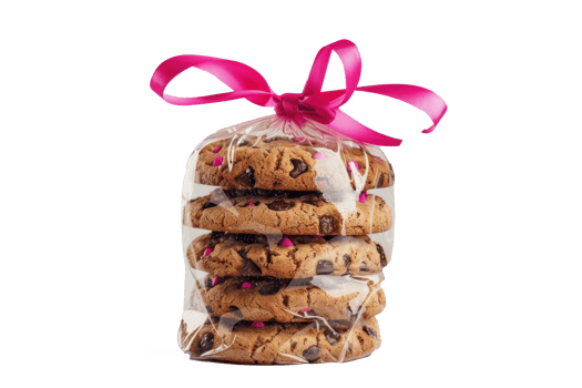 chocolate chip cookies in a bag with a pink ribbon on transparent background png
