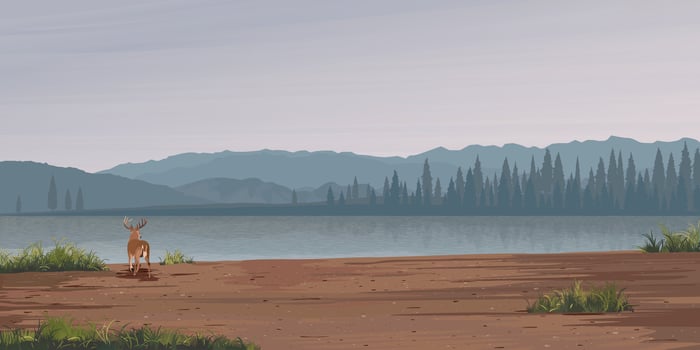 Countryside landscape of muddy area with deer, lake, pine forest and mountain ranges vector