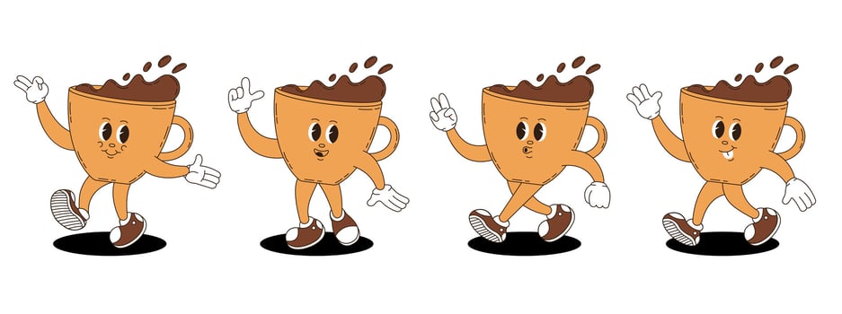 Coffee of different characters. Coffee set in retro groovy style. vector