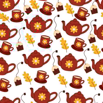 Simple seamless autumn pattern with autumn leaves, rose hips and hot coffee. For wallpaper, gift paper, patterns, background, greeting cards. Fall vector