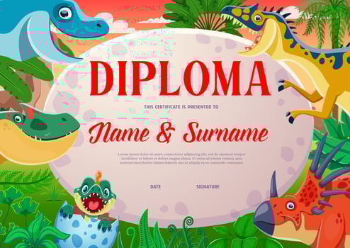 Kids diploma, cartoon dinosaurs with baby dino egg vector
