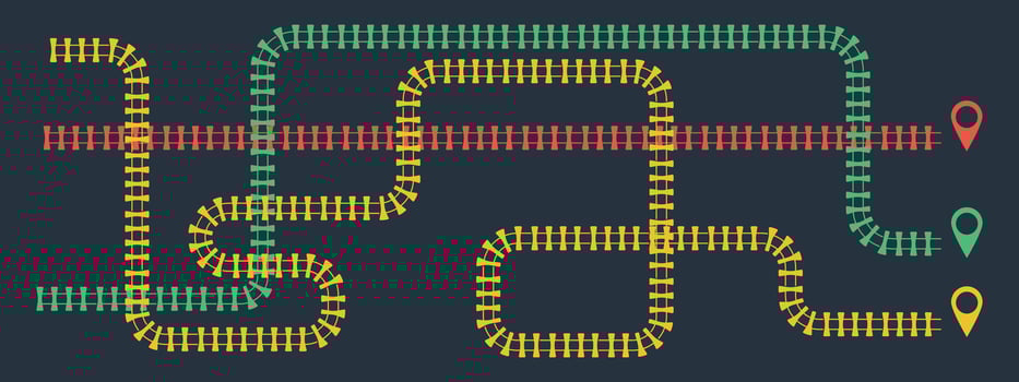Railroad infographic with 3 track options. Red, yellow, green. Train or subway track map. illustration on black background vector