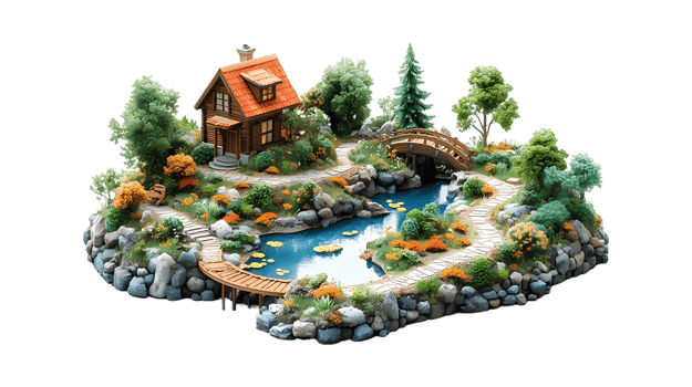 a small house on a small island with a bridge and trees png