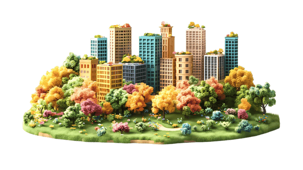 isometric style a city with trees and buildings on a small island png