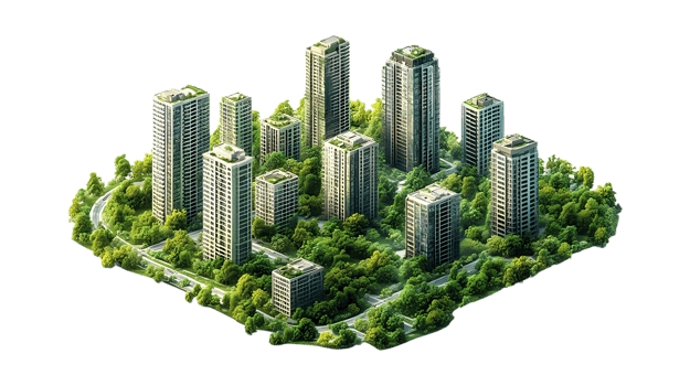 isometric style, an illustration of a city with trees and buildings png