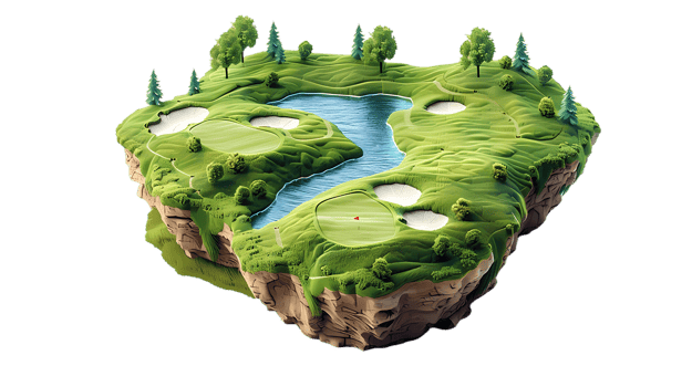 isometric style, golf course island with trees and water on transparent background png