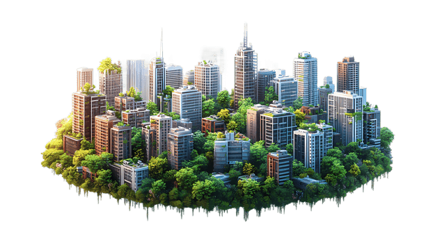 isometric style city with trees and buildings on a transparent background png