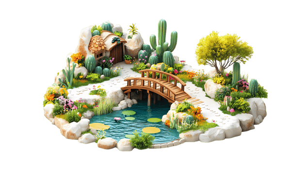 isometric style a garden with a bridge and cactus plants png