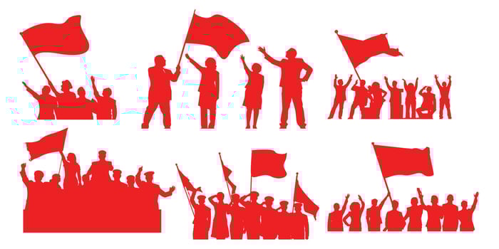 collection of silhouettes of groups of people raising flags celebrating independence, independence day and anniversary celebrations vector