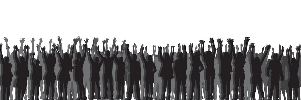 silhouette of a crowd of people watching a music concert in front of the stage with cheering and waving hands, suitable for poster, banner or advertising elements for concerts and parties vector