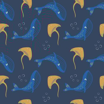 Hand drawn blue whale and stingray fish underwater seamless pattern vector