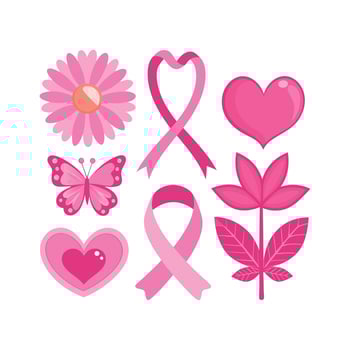 breast cancer awareness ribbon, butterfly, heart and flowers vector