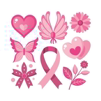 breast cancer awareness ribbon, butterfly, heart and flowers vector