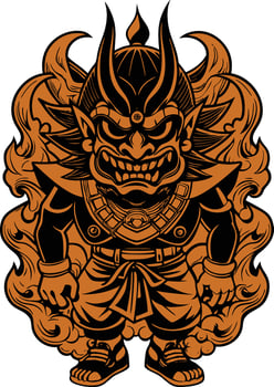 a cartoon demon with a large head and a black and orange background vector