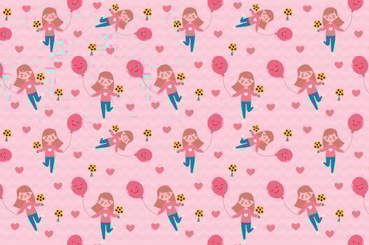 seamless pattern with children, Happy girl holding sunflowers flowers and a balloon vector