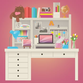 Illustration of aesthetic desk. Ideal organized workspace for creative work graphic design. Setup for freelancer coffee lover home office. Cute pretty girly pink. Flat colors vector