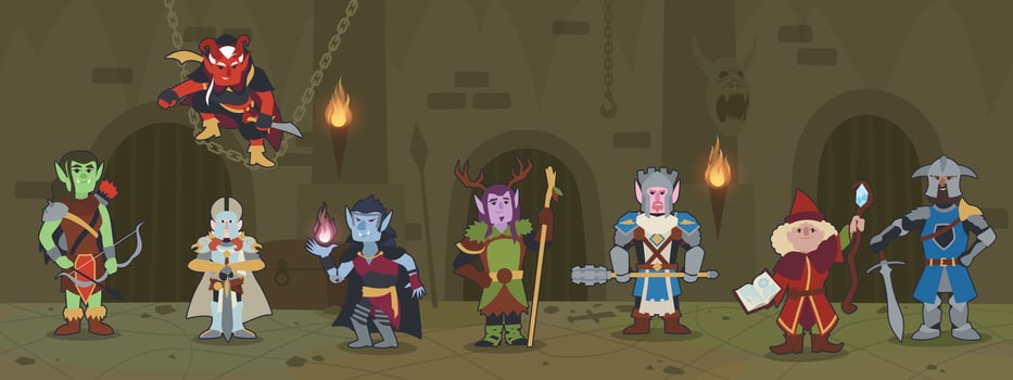Cartoon illustration of fantasy RPG character classes in dungeon. Human elf orc gnome wizard sorcerer knight paladin druid rogue ranger collection. Flat colors vector