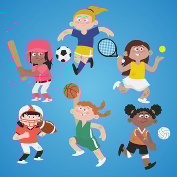 Cute cartoon illustration of girls doing sports. Kids playing baseball soccer tennis football basketball volleyball. Outdoors exercise fun. Flat colors vector