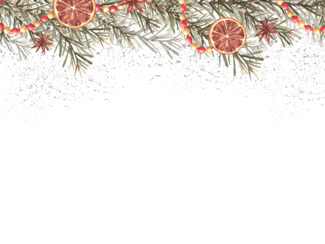Christmas banner Spruce tree branches old fashioned. Garland, dried fruits and spices, balls. Watercolor snow flakes. Traditional decor, Xmas vintage frame painted illustration on Isolated background png