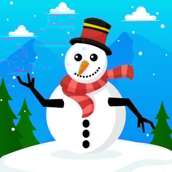 cartoon snowman in hat and scarf with snow and trees vector