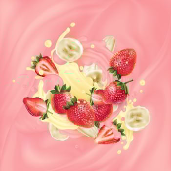 Banana slices and strawberries in pink and yellow yogurt. vector