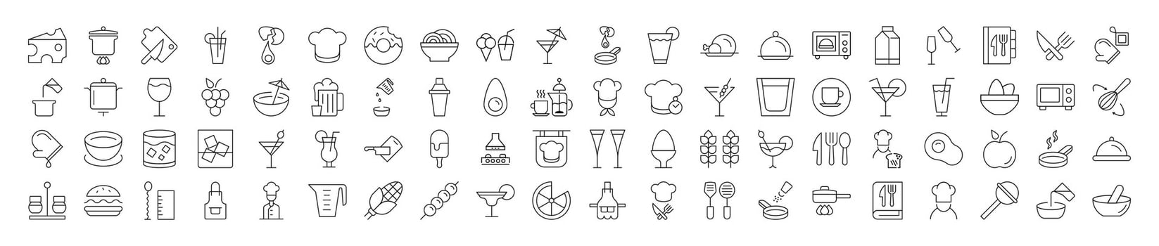 Collection of icons of cooking, food, drinks, kitchen for Advertisement. Suitable for books, stores, shops. Editable stroke in minimalistic outline style. Symbol for design vector