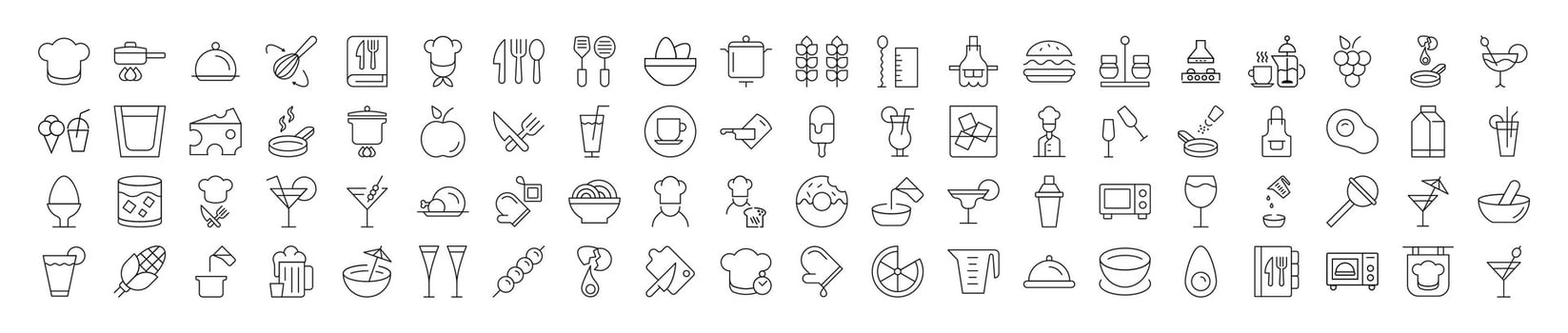 Collection of Line Icons of cooking, food, drinks, kitchen for Adverts. Suitable for books, stores, shops. Editable stroke in minimalistic outline style. Symbol for design vector