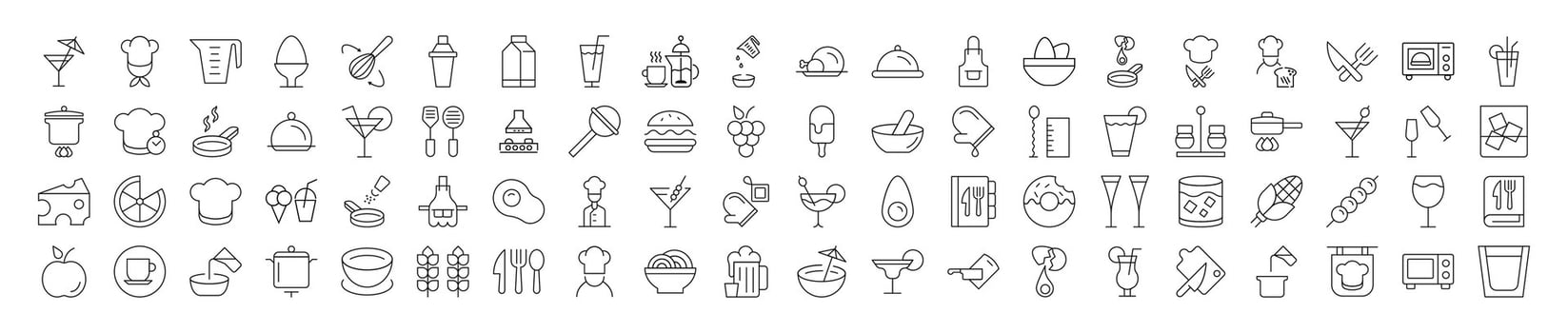 Line Signs of cooking, food, drinks, kitchen for Advertisement. Suitable for books, stores, shops. Editable stroke in minimalistic outline style. Symbol for design vector