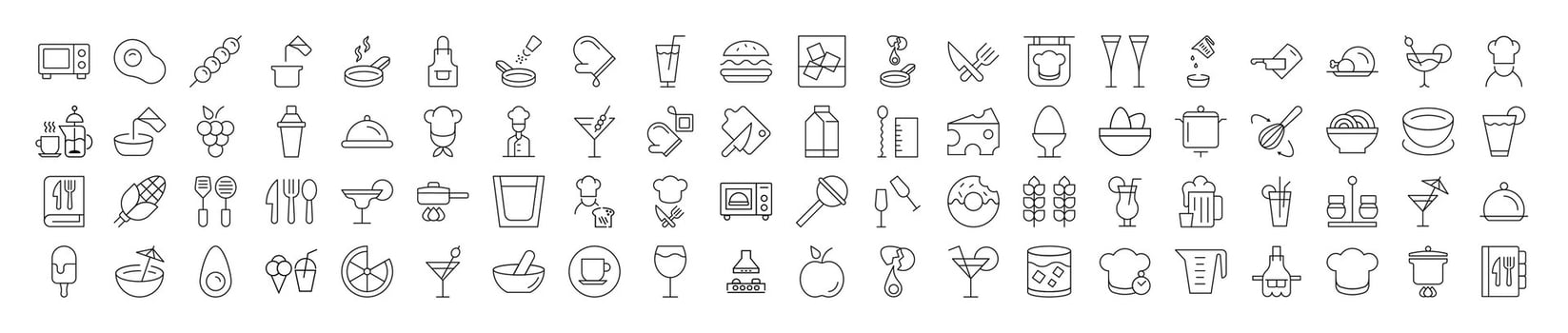 Collection of Line Signs of cooking, food, drinks, kitchen. Suitable for books, stores, shops. Editable stroke in minimalistic outline style. Symbol for design vector