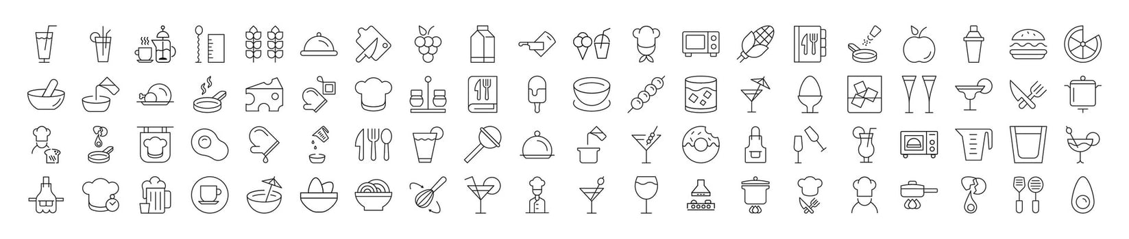 Collection of Icons of cooking, food, drinks, kitchen. Suitable for books, stores, shops. Editable stroke in minimalistic outline style. Symbol for design vector