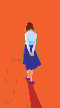 a short-haired girl in a school uniform is walking alone. She seems to be thinking about her life. vector