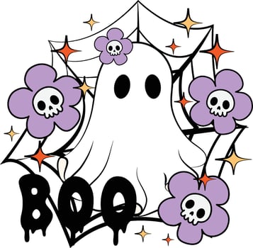 Halloween Spooky Cute Ghost with Skulls and Flowers 'Boo' Clipart Illustration for decorate invitation greeting celebration card poster sticker party craft project background vector