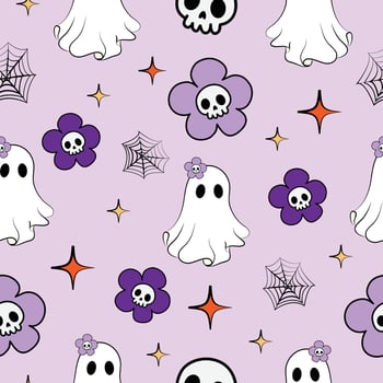Halloween Spooky Cute Ghost with Skulls and Flowers seamless pattern illustration for invitation greeting birthday party celebration card poster banner textiles wallpaper backgrounds vector
