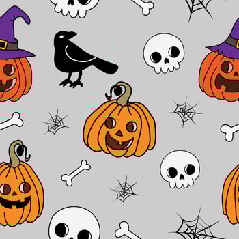 Halloween Spooky Cute Pumpkin jack o lantern Skulls and raven seamless pattern illustration for invitation greeting birthday party celebration card poster banner textiles wallpaper backgrounds vector