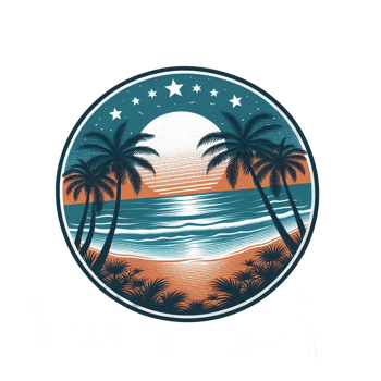 a tropical beach scene with palm trees and waves png