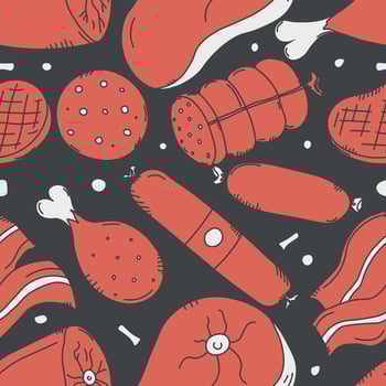 Seamless meat pattern. Doodle meat background. illustration with meat products icons vector