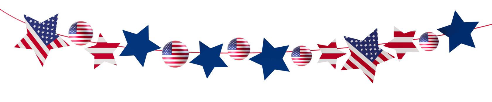 Festive garland made of stars and spheres adorned with the American flag, on transparent background. Perfect as header or footer in patriotic themes, events. USA flag. Divider. 3D render. png