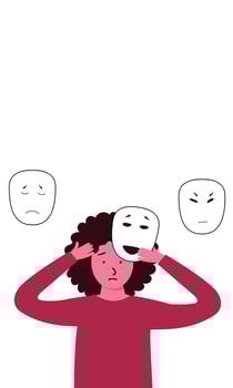 A woman is holding three masks over her head vector