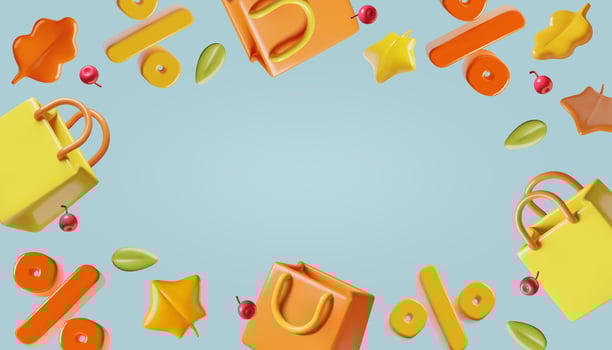 Fall sale background 3d banner design with percent sign shopping bags and autumn leaves and berries vector