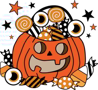 Cute Halloween Jack O Lantern candy basket with spooky sweets and eyeballs for decorating invitations, greeting cards, celebration cards, posters, stickers, party decoration vector