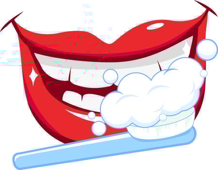Smiling cartoon red lips mouth with clean teeth, brushing teeth with toothbrush and toothpaste. Dental hygiene smile concept. vector