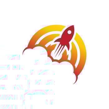 Red rocket launching through orange clouds. vector