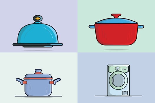 Set of Restaurant Kitchen Elements illustration. Home and Restaurant interior equipment icon concept. Collection of Casserole pot, Cooking Pot, Serving Tray and Mortar and Pestle icon design. vector
