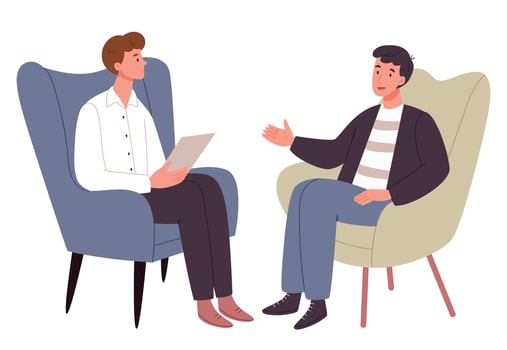 A man at an appointment with a man's psychologist.Male psychotherapist sitting in front of the patient, listening to him and making notes. vector